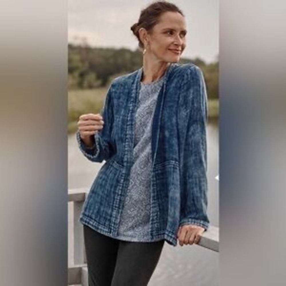 J. Jill Pure Jill Indigo Double-Cloth Open-Front Gauze Jacket